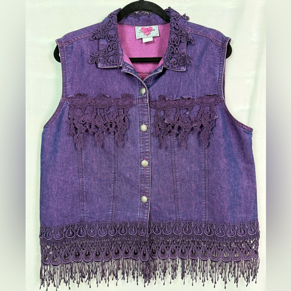 Purple Lace Trim Vintage Denim Vest XL